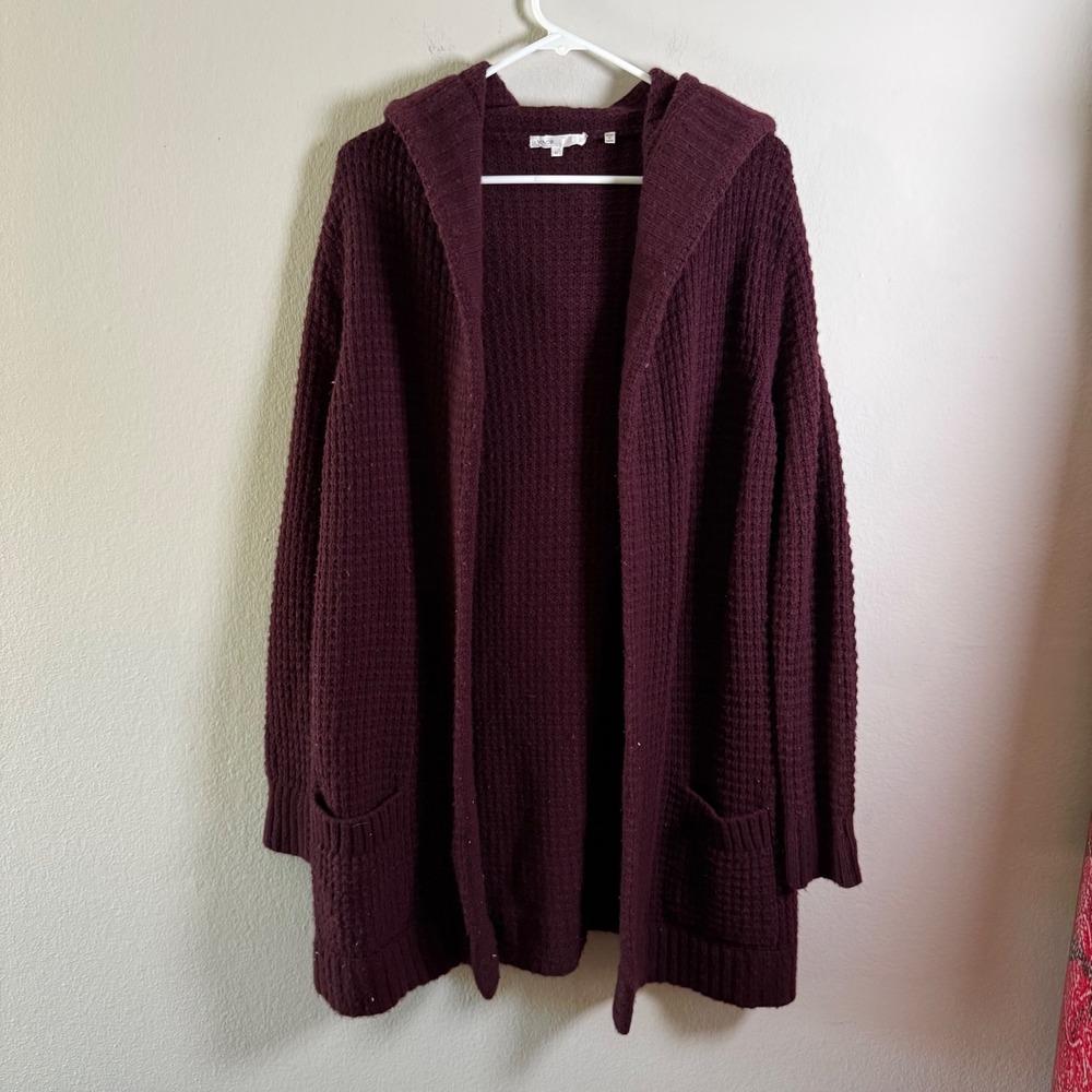 Vince Womens Wool‎ Cashmere Waffle Knit Hooded Cardigan Burgundy Large V06730